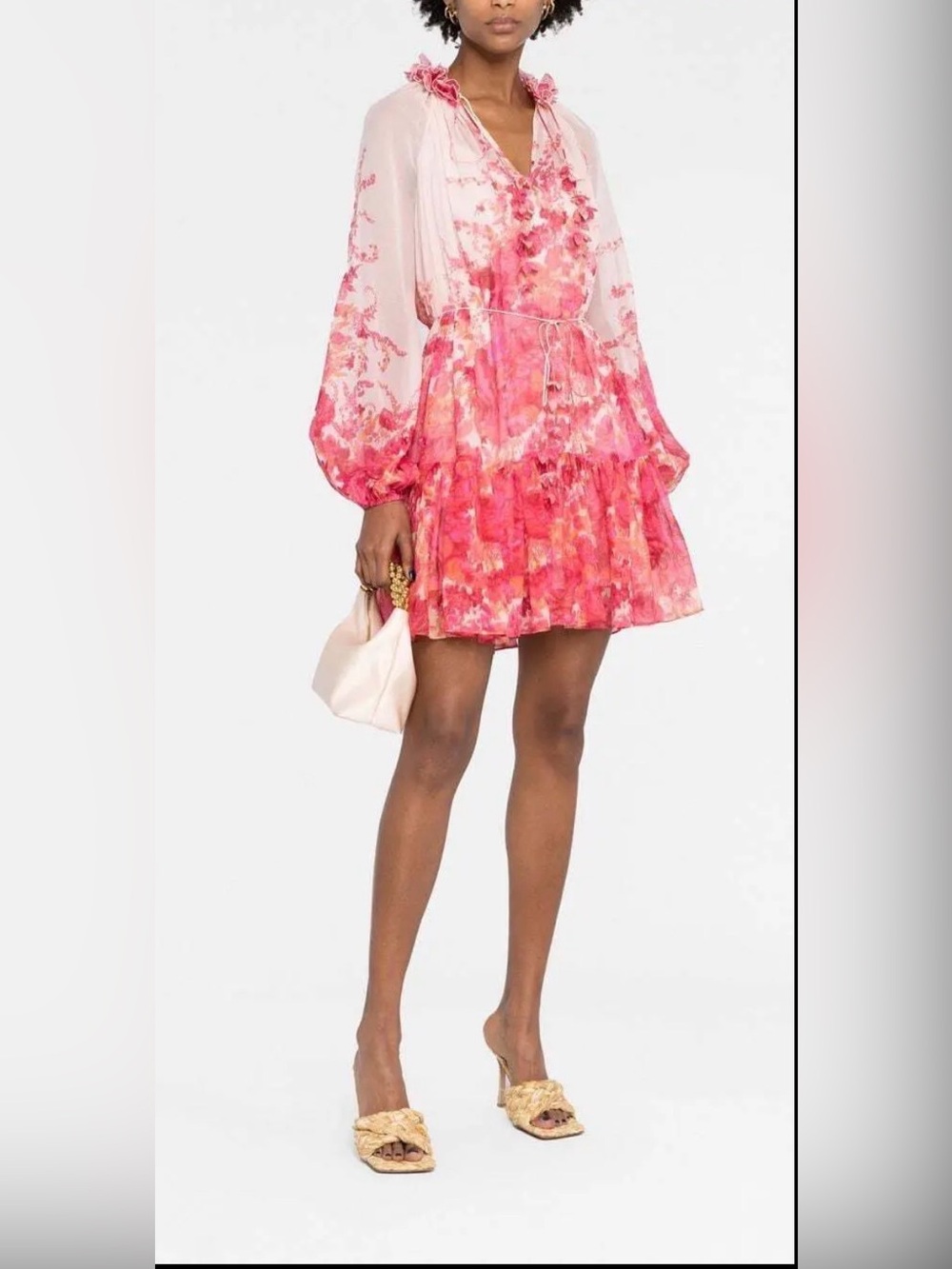 Zimmermann Pink Floral Balloon Sleeve Ruffle Mini Dress